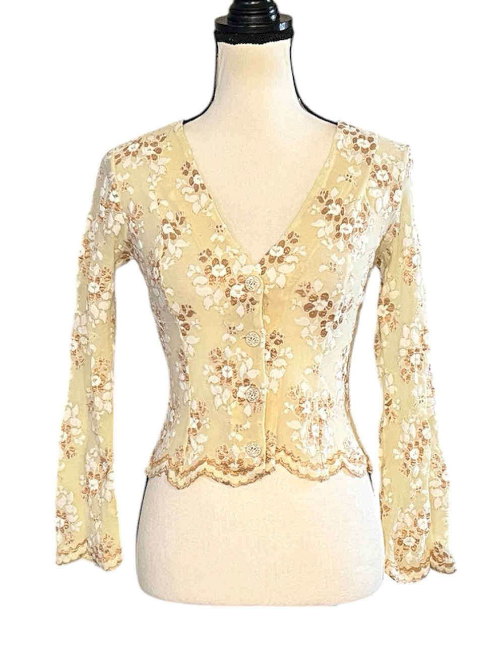 Vintage 90s Ann Ferriday Los Angeles Cream Tan Floral Sheer Mesh Lace Top Blouse